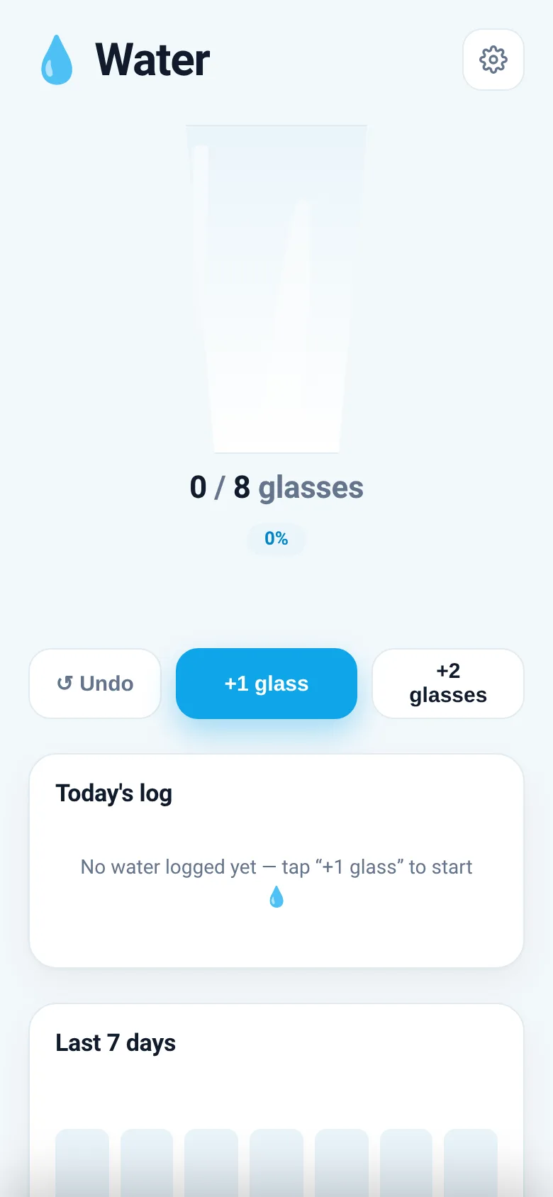 A glass half-filled with blue water, showing 4 of 8 glasses completed (50%), with a log list below showing three drinks logged at different times and a 7-day